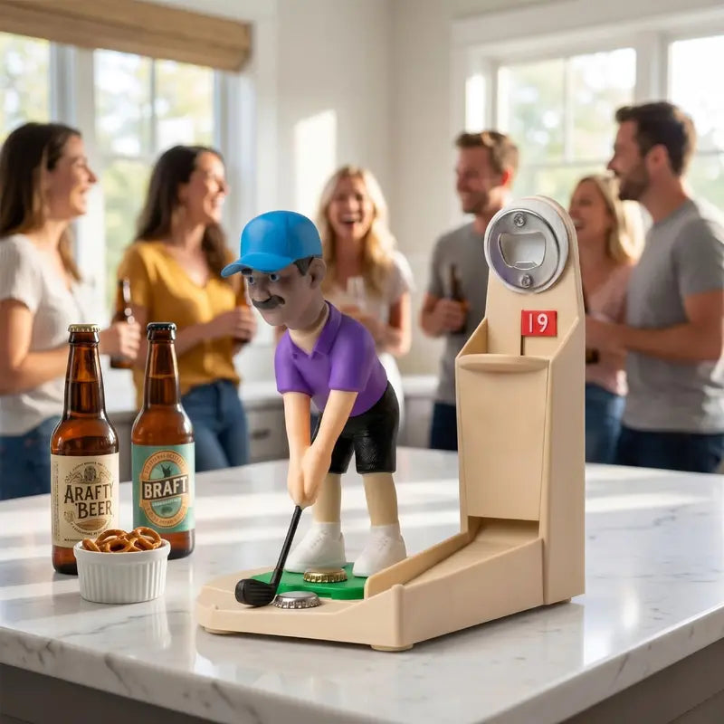 Golf Ball Themed Bottle Opener – Automatic Beer Cap Launcher with Golf Swing (Brown)