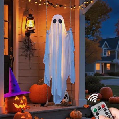 5 Feet Large Hanging Swing Spooky Ghost Halloween Decoration with LED String Lights