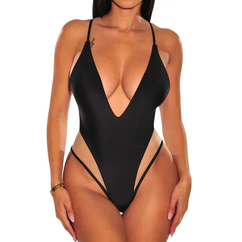Aprilake Women's Spaghetti Strap Deep V Neck Backless Mesh Swimsuit