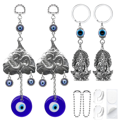 Hindu OM Evil Eye Car Hanging Ganesha Charms Set - Lord Ganesha Idol, Turkish Nazar Amulet, Car Mirror & Keychain Accessories