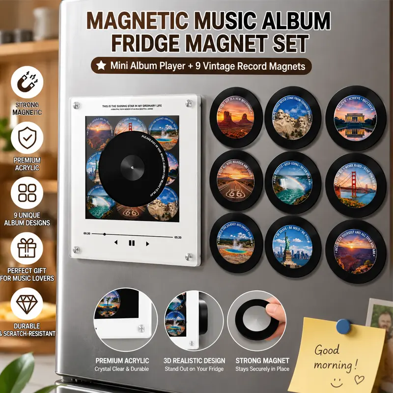Magnetic Vinyl Speaker Fridge Magnet with 9 Swappable Discs - Retro Acrylic Record Player, Home Decor Gift