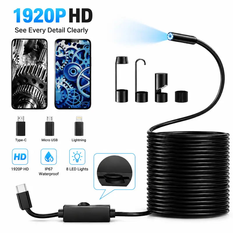 1920P HD Endoscope Camera – 8 LED, IP67, 11.48FT, iPhone & Android Compatible