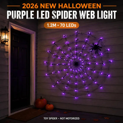Spooky Purple LED Spider Web Lights Set, 1.2M 70 LED with 30CM Plush Spider & Remote Control