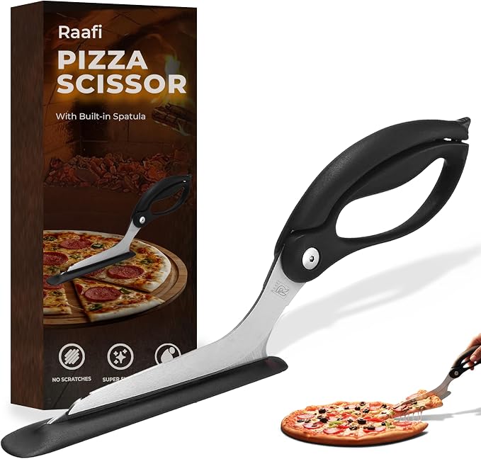 Pizza Scissors with Non Stick Slice Server - 4 in 1 Kitchen Scissors (Black Spatula)