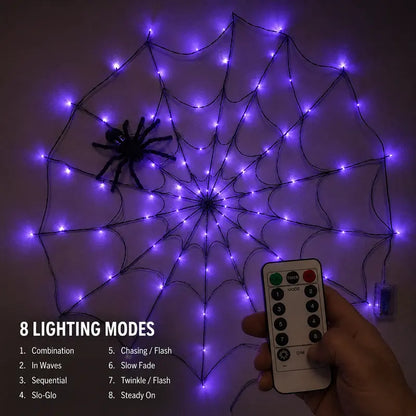 Spooky Purple LED Spider Web Lights Set, 1.2M 70 LED with 30CM Plush Spider & Remote Control