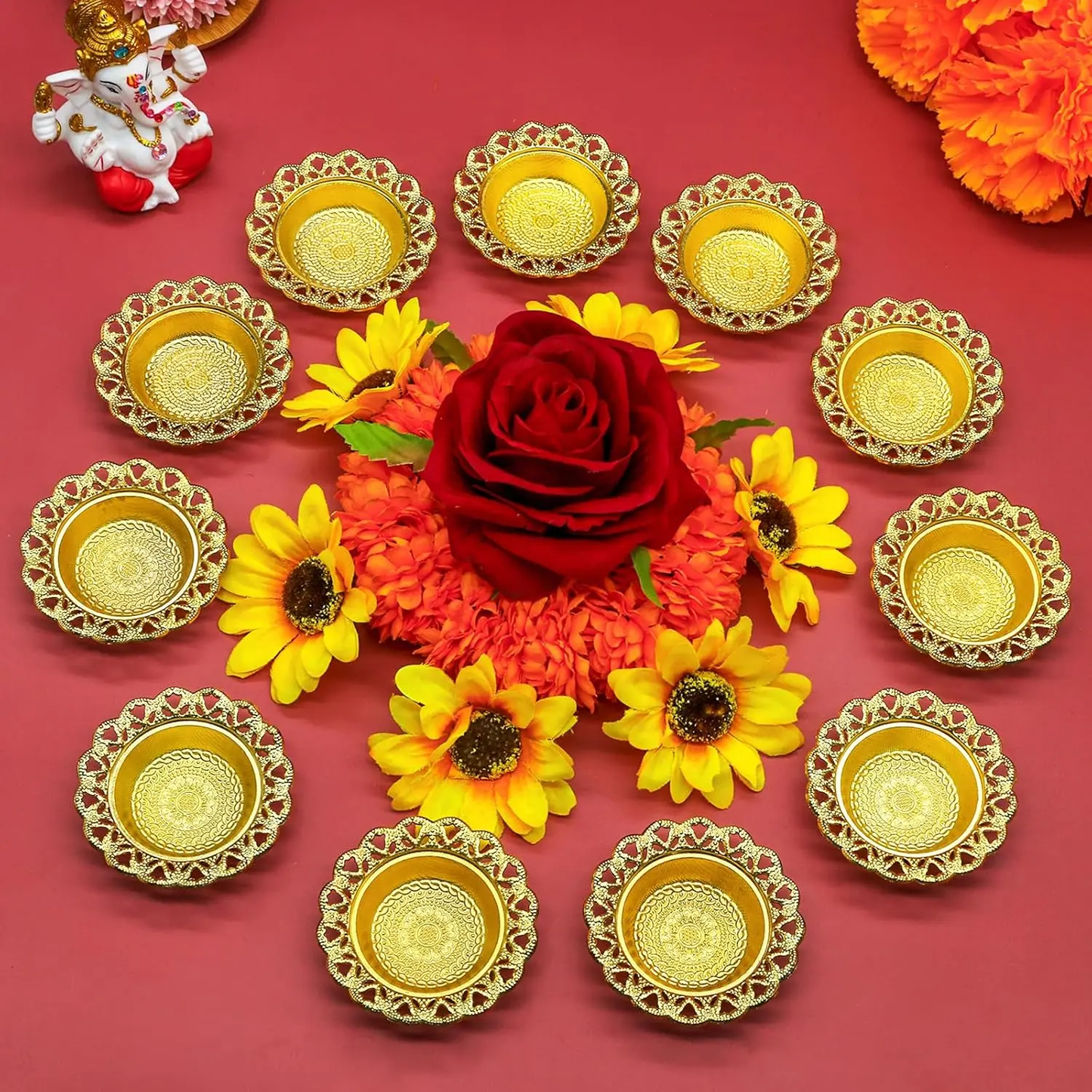 Golden Metal Diwali Diya Set 12PCS - Reusable Oil Lamps for Puja, Indian Wedding, Housewarming & Home Temple Decor