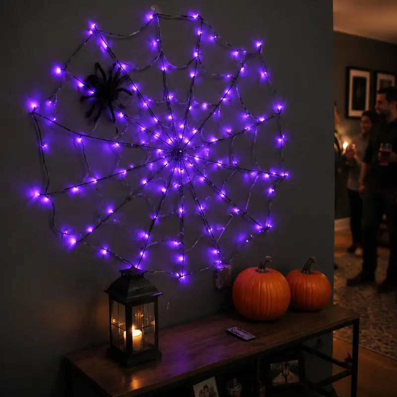 Spooky Purple LED Spider Web Lights Set, 1.2M 70 LED with 30CM Plush Spider & Remote Control