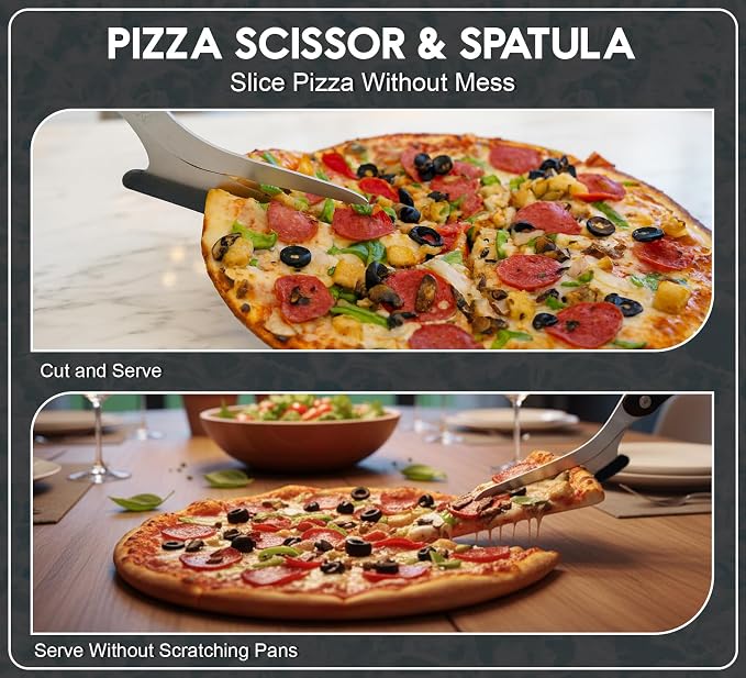 Pizza Scissors with Non Stick Slice Server - 4 in 1 Kitchen Scissors (Black Spatula)