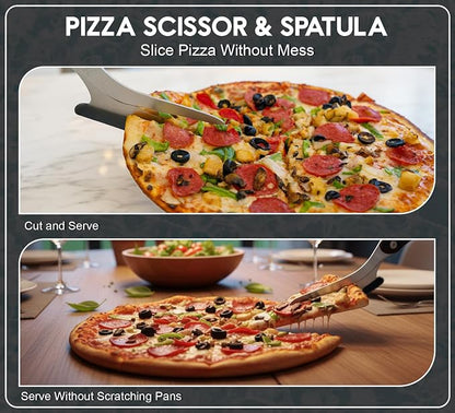Pizza Scissors with Non Stick Slice Server - 4 in 1 Kitchen Scissors (Black Spatula)