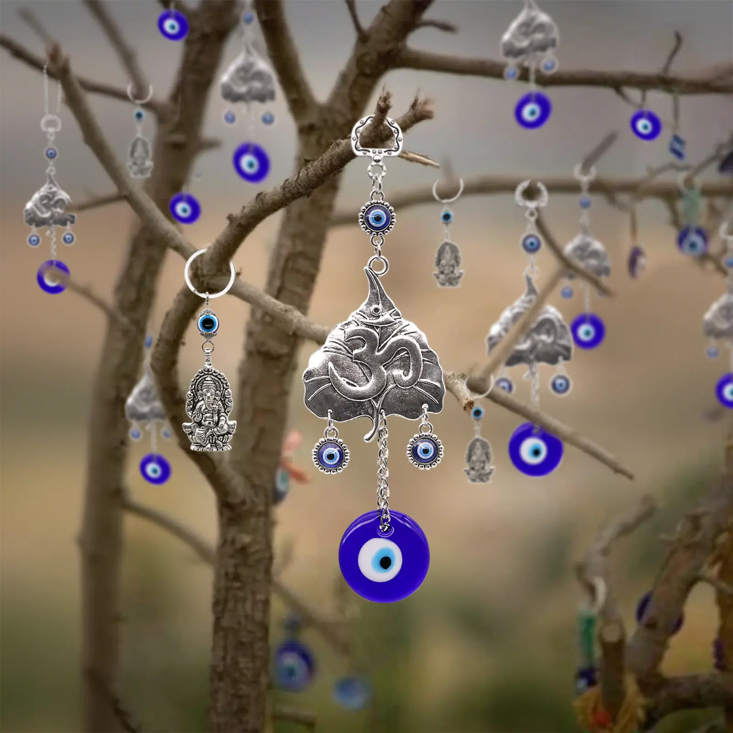 Hindu OM Evil Eye Car Hanging Ganesha Charms Set - Lord Ganesha Idol, Turkish Nazar Amulet, Car Mirror & Keychain Accessories