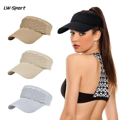 Three sun visor hats in khaki, beige, and light gray with model wearing black visor — LW-Sport brand color options