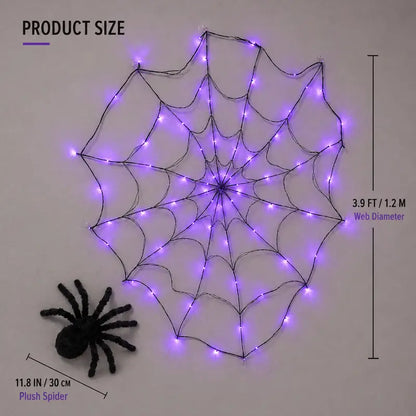 Spooky Purple LED Spider Web Lights Set, 1.2M 70 LED with 30CM Plush Spider & Remote Control