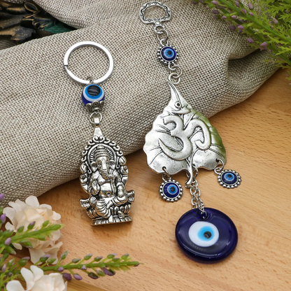 Hindu OM Evil Eye Car Hanging Ganesha Charms Set - Lord Ganesha Idol, Turkish Nazar Amulet, Car Mirror & Keychain Accessories