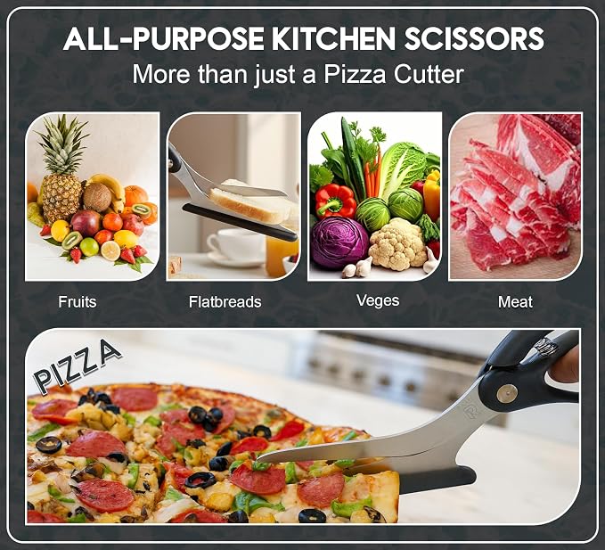 Pizza Scissors with Non Stick Slice Server - 4 in 1 Kitchen Scissors (Black Spatula)