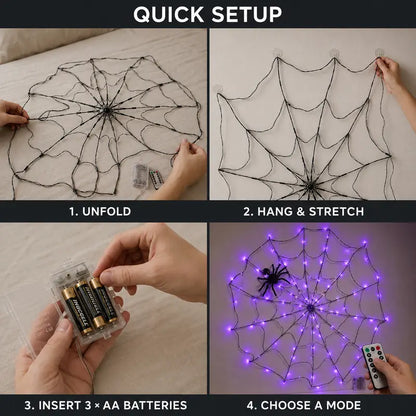 Spooky Purple LED Spider Web Lights Set, 1.2M 70 LED with 30CM Plush Spider & Remote Control