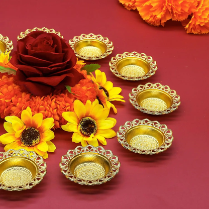 Golden Metal Diwali Diya Set 12PCS - Reusable Oil Lamps for Puja, Indian Wedding, Housewarming & Home Temple Decor