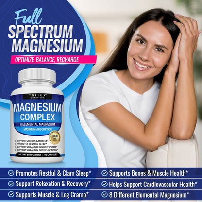 Toplux Magnesium Complex 8 Elemental Magnesium Supplement 1000mg Glycinate, Citrate, Malate, Taurate