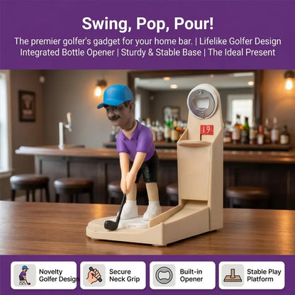 Golf Ball Themed Bottle Opener – Automatic Beer Cap Launcher with Golf Swing (Brown)
