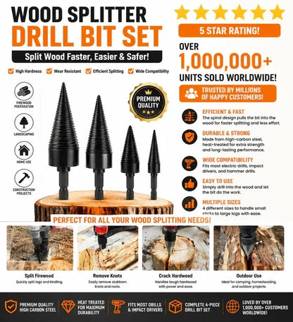 Firewood Splitter Drill Bit Set – Heavy-Duty High Carbon Steel Wood Splitting Cone, 4-Piece Set | Round + Square + Hex Shank | Fits Impact Drill, Electric Hammer & Hand Drill