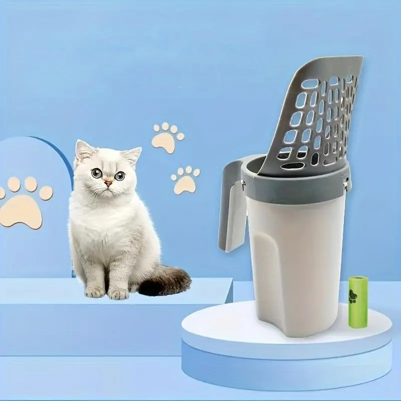 Portable Integrated Cat Litter Scoop Trash Can Set with Garbage Bag - Convenient Pet Waste Collection Kit