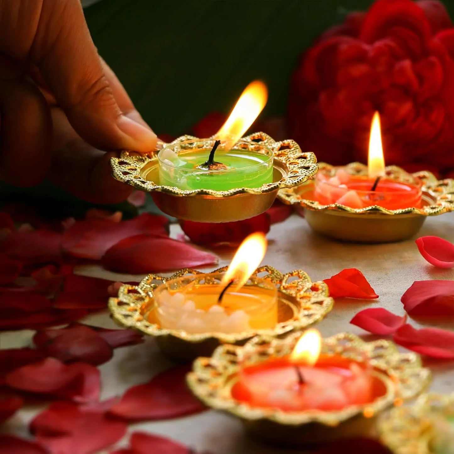 Golden Metal Diwali Diya Set 12PCS - Reusable Oil Lamps for Puja, Indian Wedding, Housewarming & Home Temple Decor