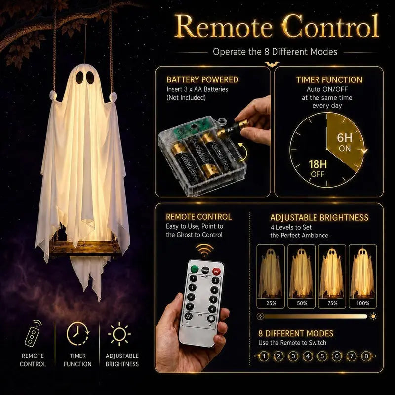 5 Feet Large Hanging Swing Spooky Ghost Halloween Decoration with LED String Lights