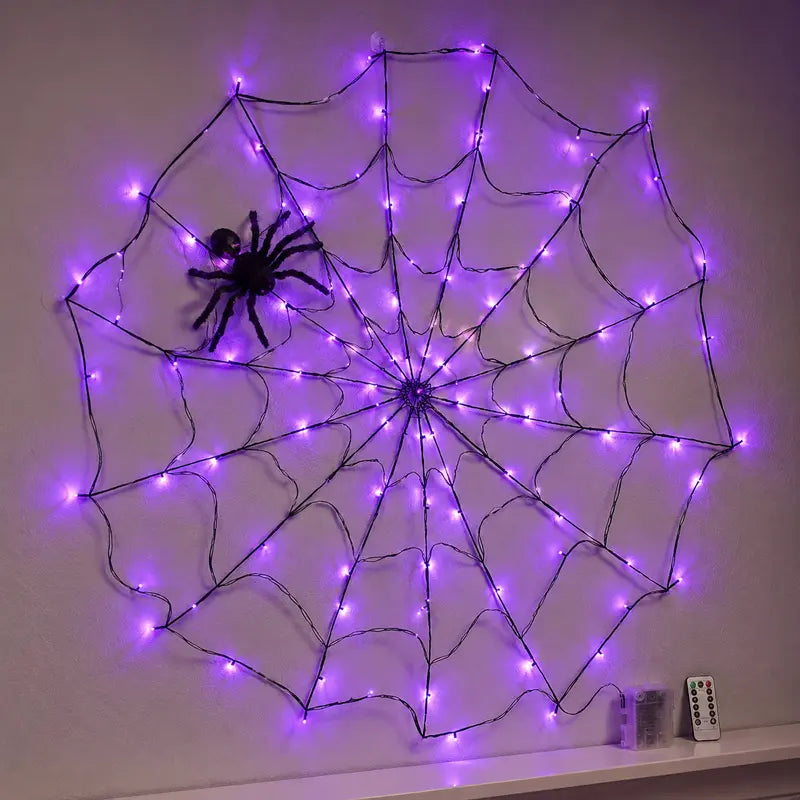 Spooky Purple LED Spider Web Lights Set, 1.2M 70 LED with 30CM Plush Spider & Remote Control