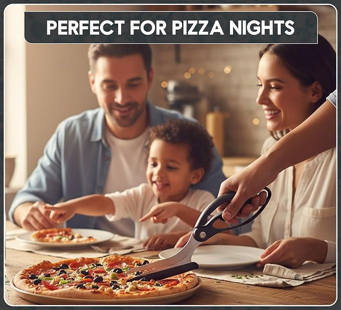 Pizza Scissors with Non Stick Slice Server - 4 in 1 Kitchen Scissors (Black Spatula)