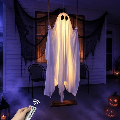 5 Feet Large Hanging Swing Spooky Ghost Halloween Decoration with LED String Lights