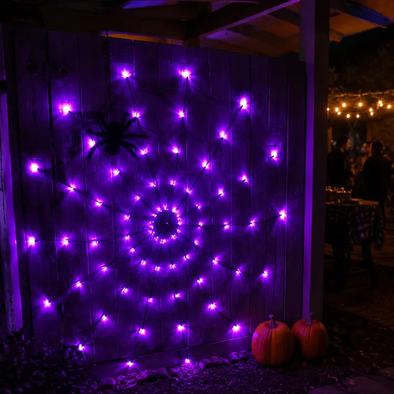 Spooky Purple LED Spider Web Lights Set, 1.2M 70 LED with 30CM Plush Spider & Remote Control