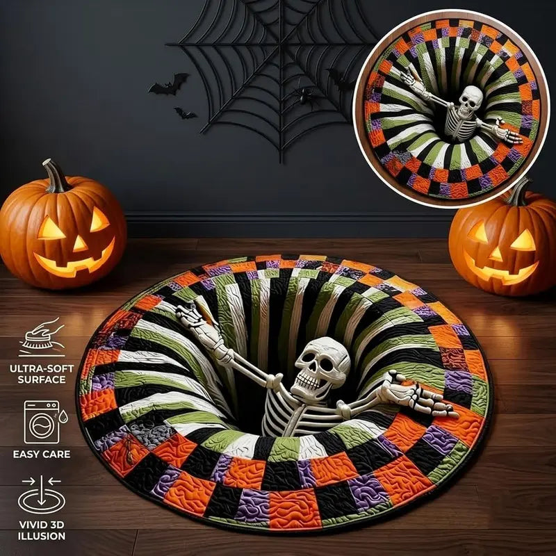Halloween 3D Skeleton Vortex Quilted Illusion Round Rug