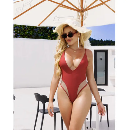 Aprilake Women's Spaghetti Strap Deep V Neck Backless Mesh Swimsuit
