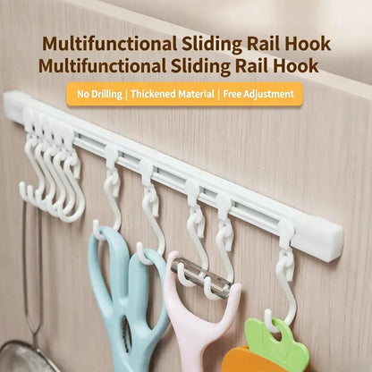Multifunctional Slide Rail Hook Rack – No-Drill Adhesive Wall Organizer with 10 Adjustable Hooks for Kitchen, Bathroom & Bedroom