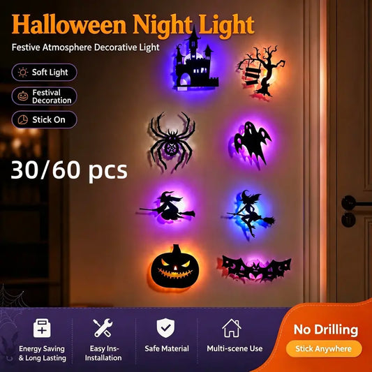 Halloween LED Silhouette Wall Light Stickers, Battery Powered Peel & Stick Wall Decor (30/60 Pcs)