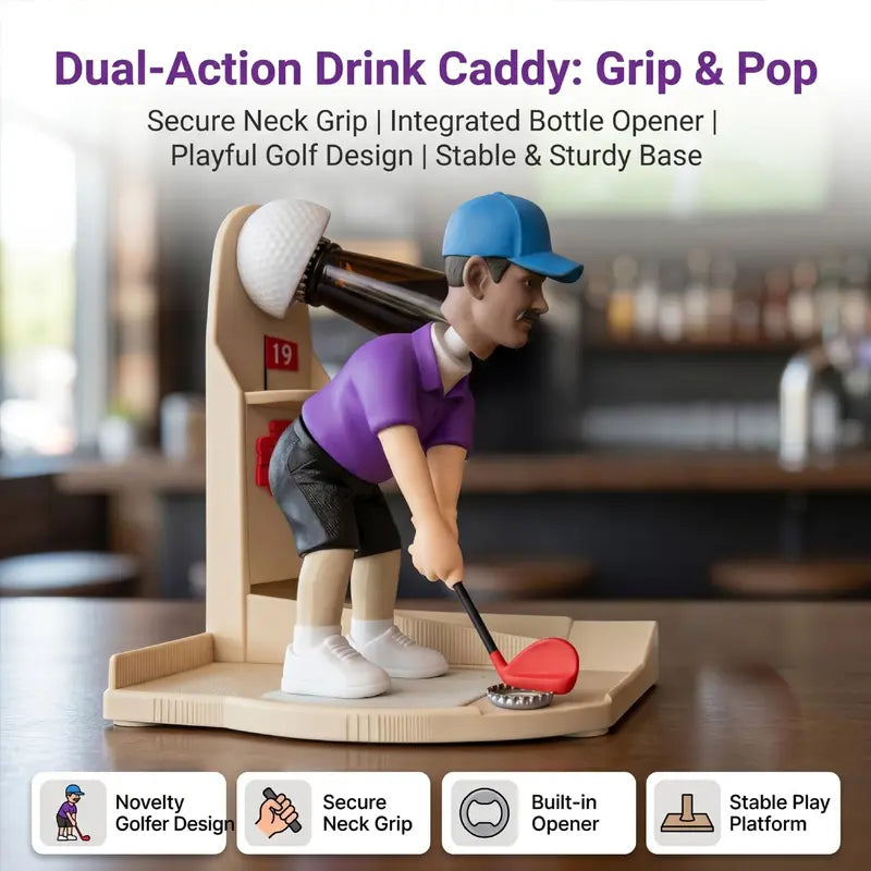 Golf Ball Themed Bottle Opener – Automatic Beer Cap Launcher with Golf Swing (Brown)