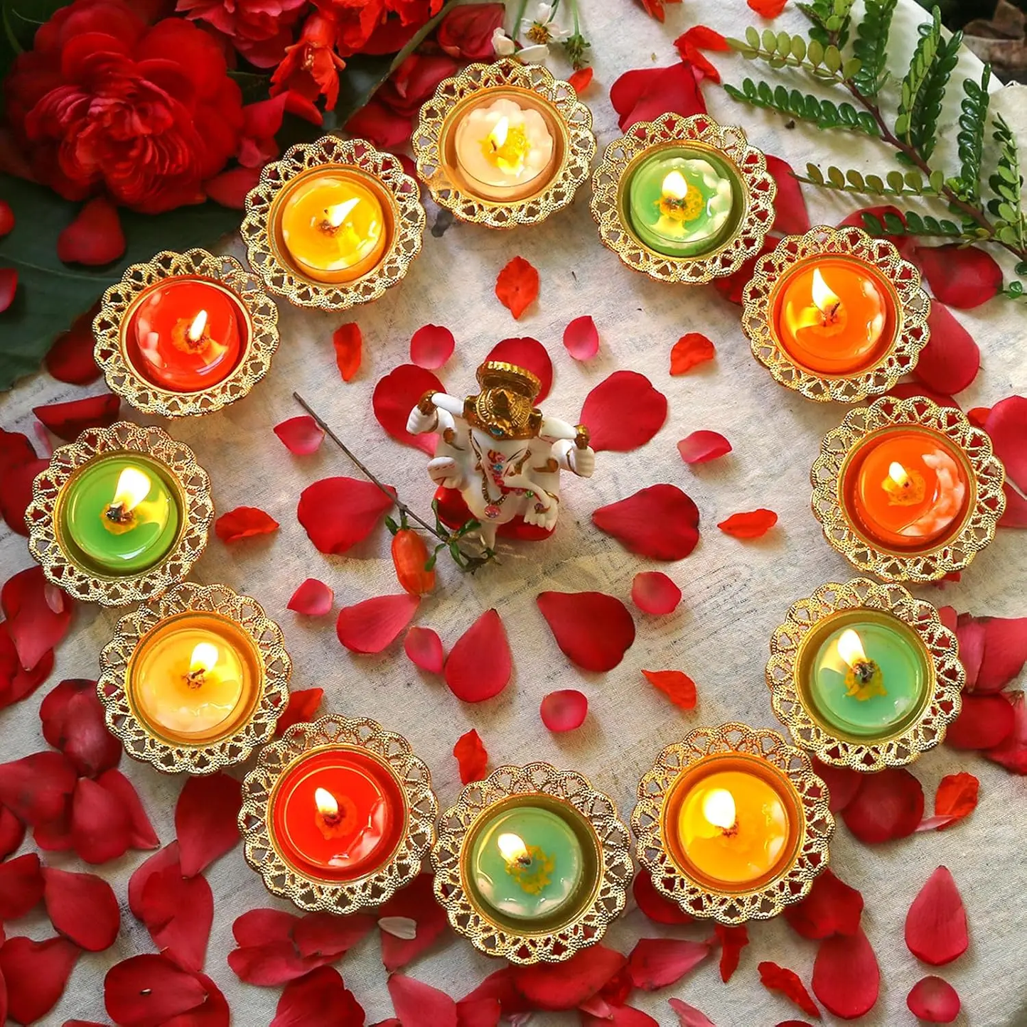 Golden Metal Diwali Diya Set 12PCS - Reusable Oil Lamps for Puja, Indian Wedding, Housewarming & Home Temple Decor