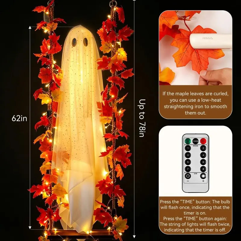 5 Feet Large Hanging Swing Spooky Ghost Halloween Decoration with LED String Lights