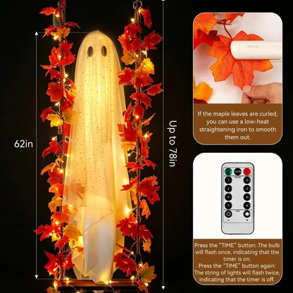 5 Feet Large Hanging Swing Spooky Ghost Halloween Decoration with LED String Lights