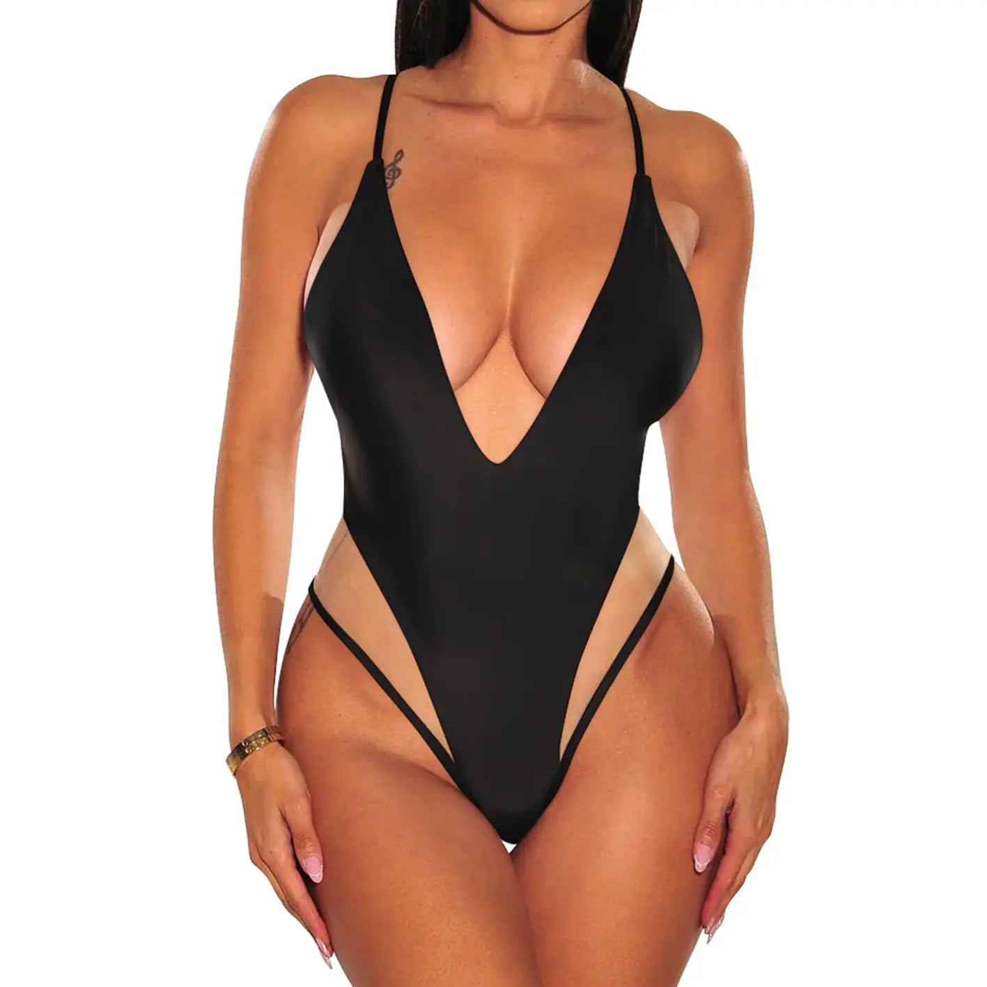 Aprilake Women's Spaghetti Strap Deep V Neck Backless Mesh Swimsuit