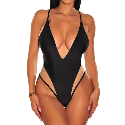 Aprilake Women's Spaghetti Strap Deep V Neck Backless Mesh Swimsuit