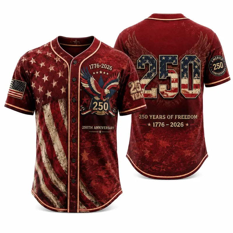 Patriotic Baseball Jersey — 250th Anniversary 1776-2026 Distressed American Flag Eagle Graphic