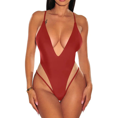 Aprilake Women's Spaghetti Strap Deep V Neck Backless Mesh Swimsuit