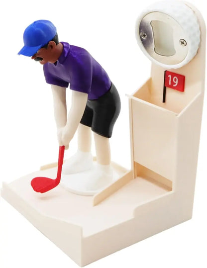 Golf Ball Themed Bottle Opener – Automatic Beer Cap Launcher with Golf Swing (Brown)