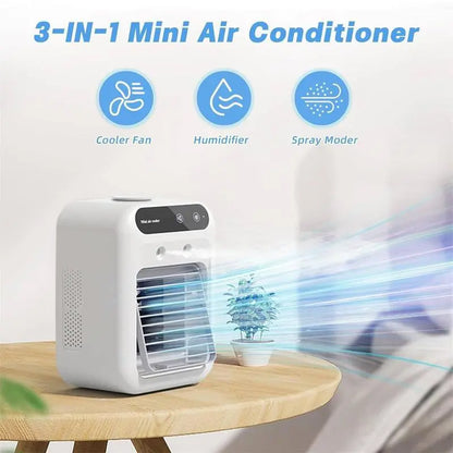 Mini humidifying cooling fan showing 2 wind speeds and 2 humidifier modes — weak wind for sleep, strong wind for cooling