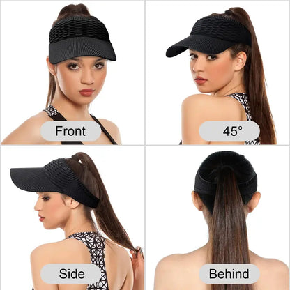 Collage showing women wearing sun visor hat at beach, travel, running, and daily wear scenarios