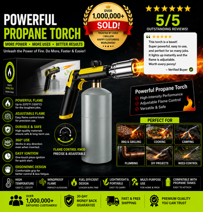 Propane Torch — One-Touch Max Fire, Safety Lock, Adjustable Flame | BBQ, Searing, Fireplace