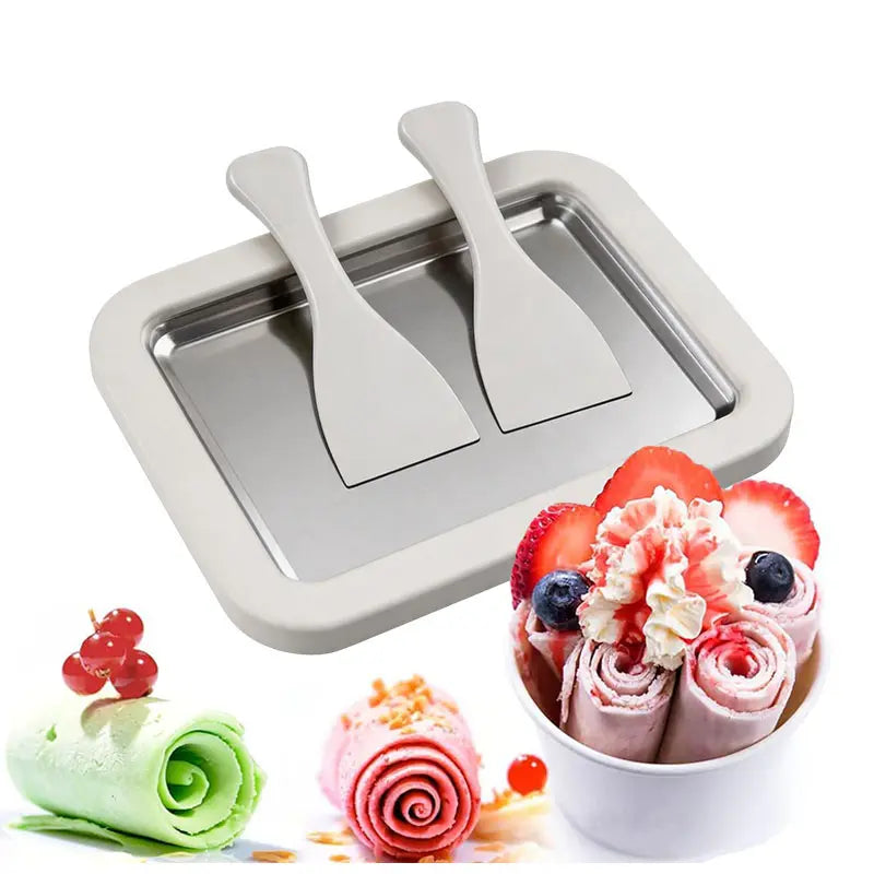 Pink ice cream roll maker with spatulas