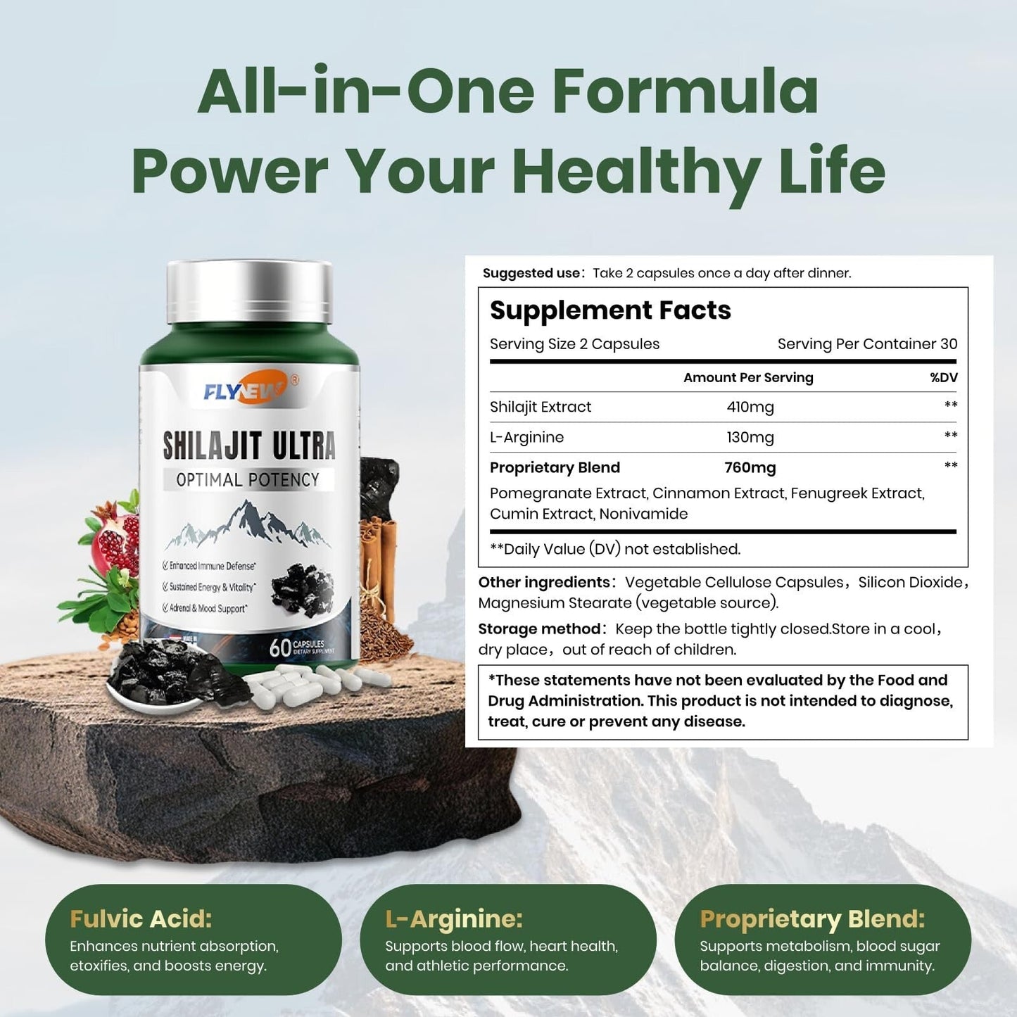 Shilajit for Men & Women with Fulvic Acid & L-Arginine – Himalayan Shilajit Capsules for Energy, Stamina & Immune Support, Non-GMO, Made in USA, 60 Ct (1,300mg/Serving)