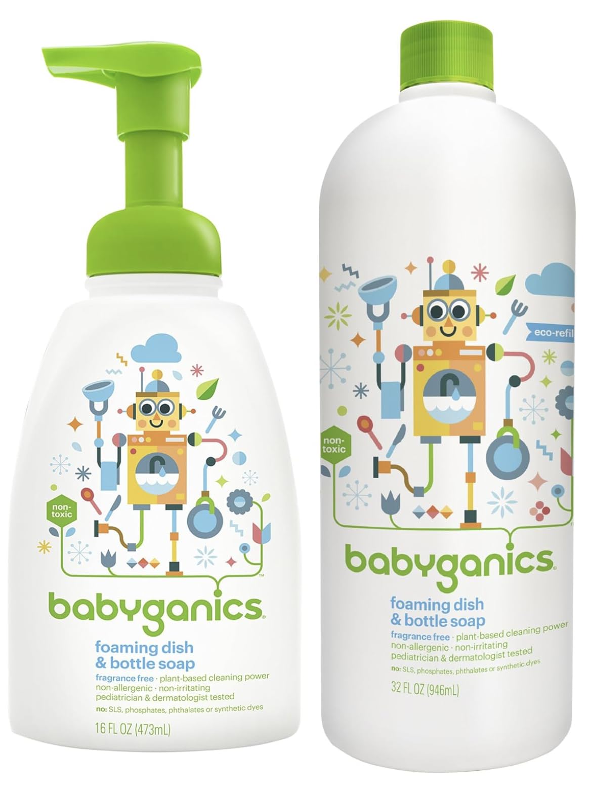 LuxProdX Baby ganic Foaming Dish & Bottle Soap - Plant-Based, Fragrance-Free, Baby-Safe 16 oz + 32 oz Refill Cleaning K