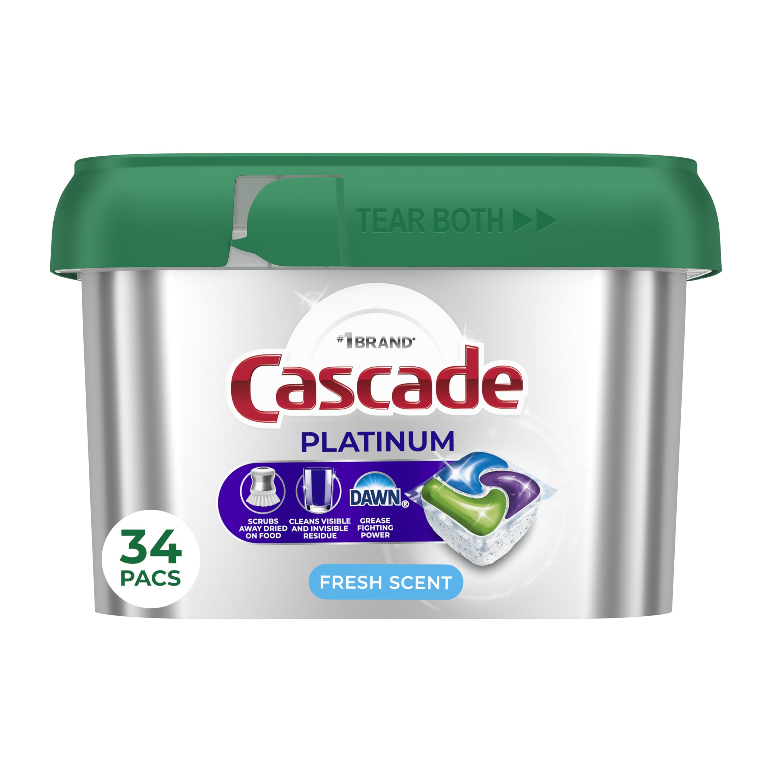 Cascade Platinum Dishwasher Pods, High Efficiency Detergent, Adult Use, Everyday Home Cleaning, Powerful Clean, 34 Count